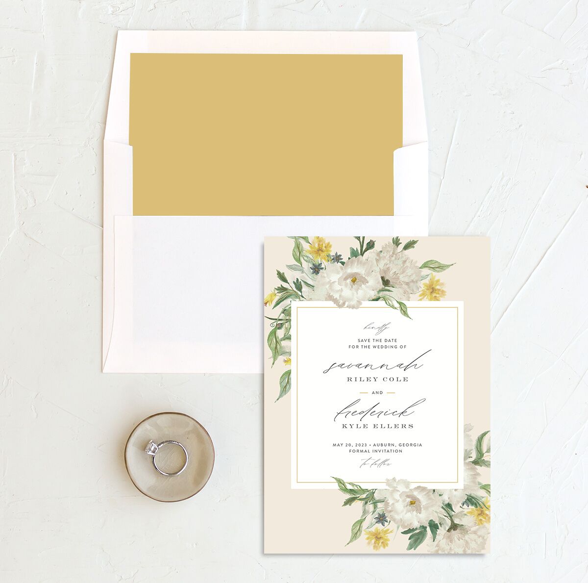 Floral Watercolor Save the Date Cards envelope-and-liner in Jewel Green