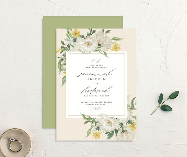Floral Watercolor Save the Date Cards front-and-back in Jewel Green