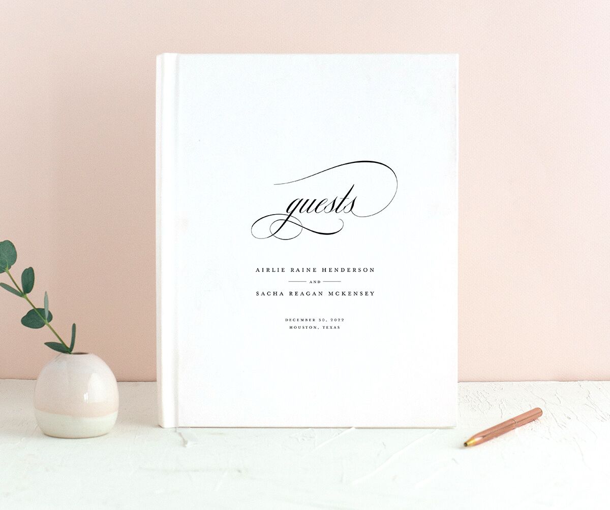 Sophisticated Script Wedding Guest Book front in Pure White
