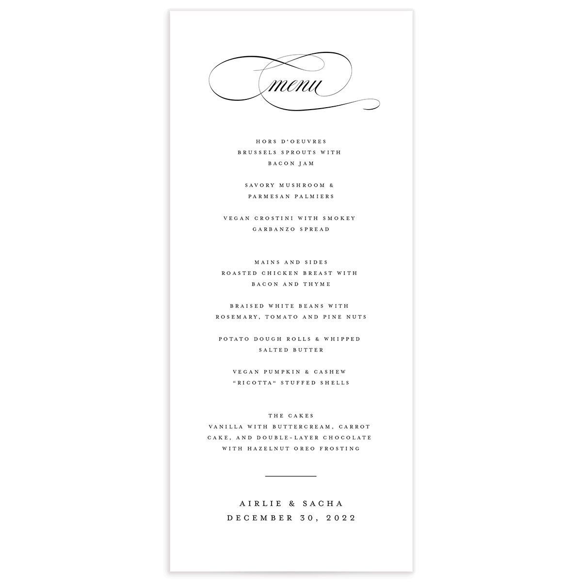 Sophisticated Script Menus front in Pure White