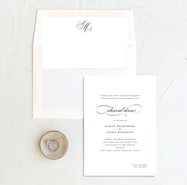 Sophisticated Script Rehearsal Dinner Invitations envelope-and-liner in Pure White