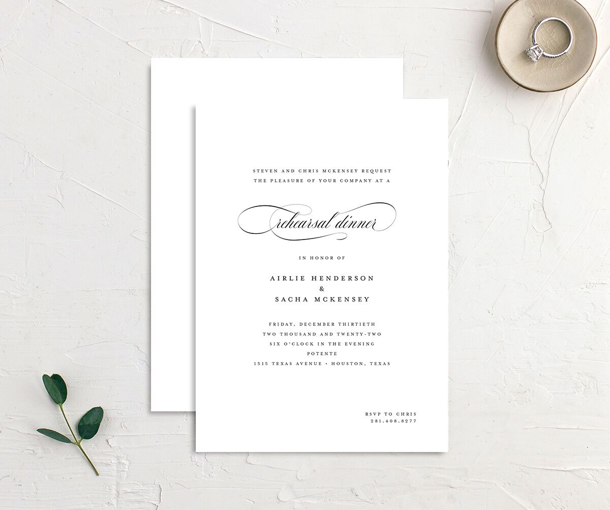 Sophisticated Script Rehearsal Dinner Invitations front-and-back in Pure White