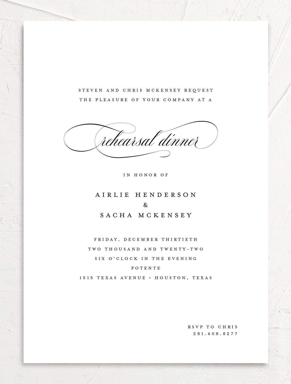 Sophisticated Script Rehearsal Dinner Invitations front in Pure White