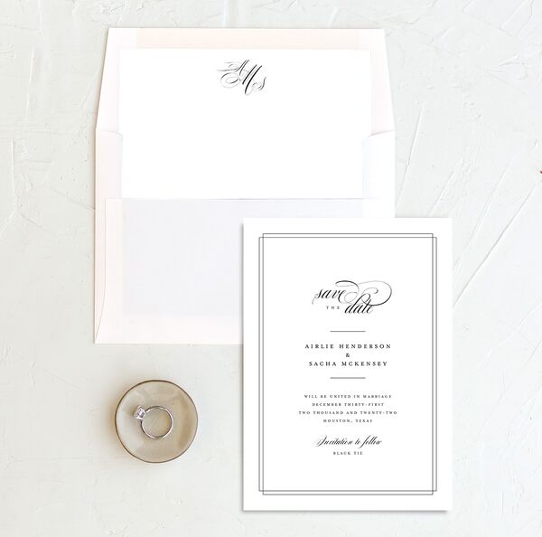 Sophisticated Script Save the Date Cards envelope-and-liner in Pure White