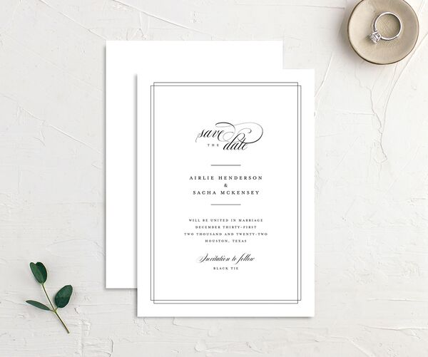 Sophisticated Script Save the Date Cards front-and-back in Pure White