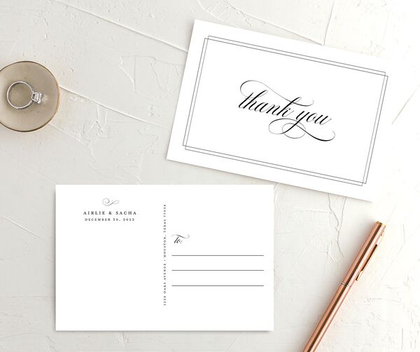 Sophisticated Script Thank You Postcards front-and-back in Pure White