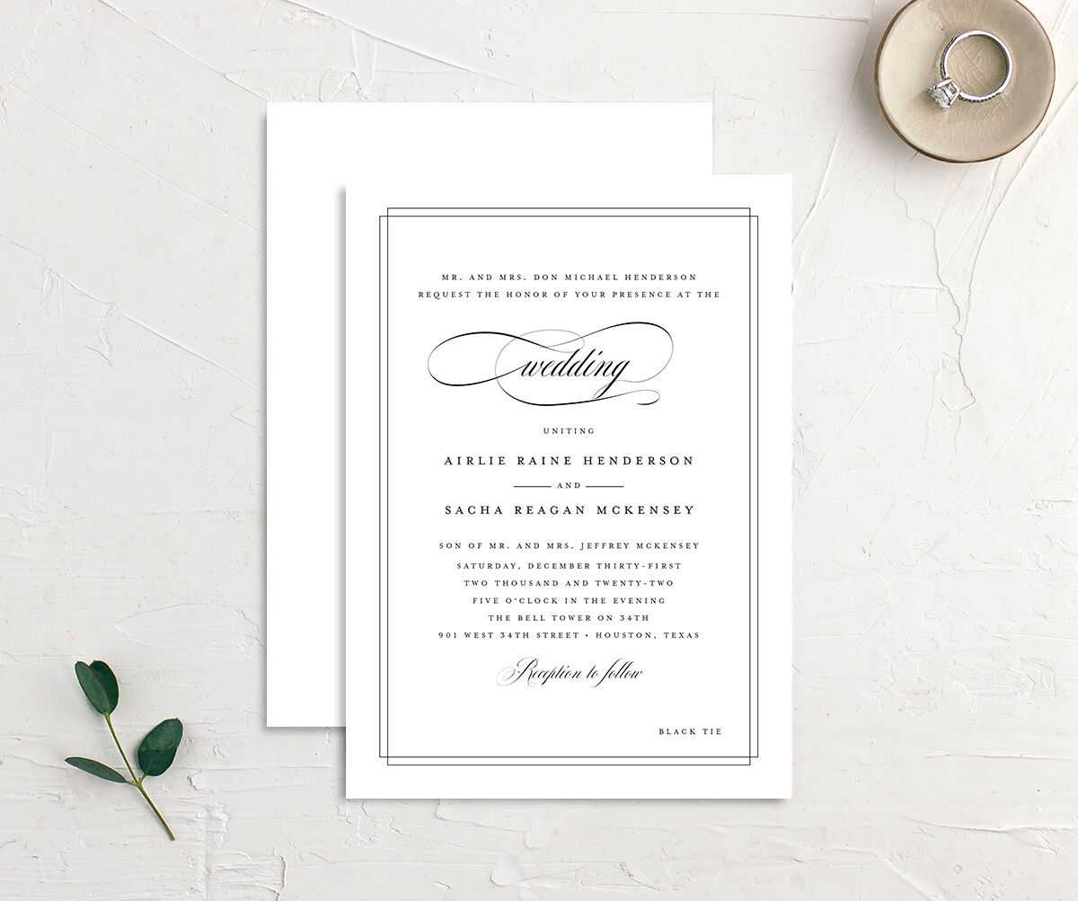 Sophisticated Script Wedding Invitations front-and-back in Pure White