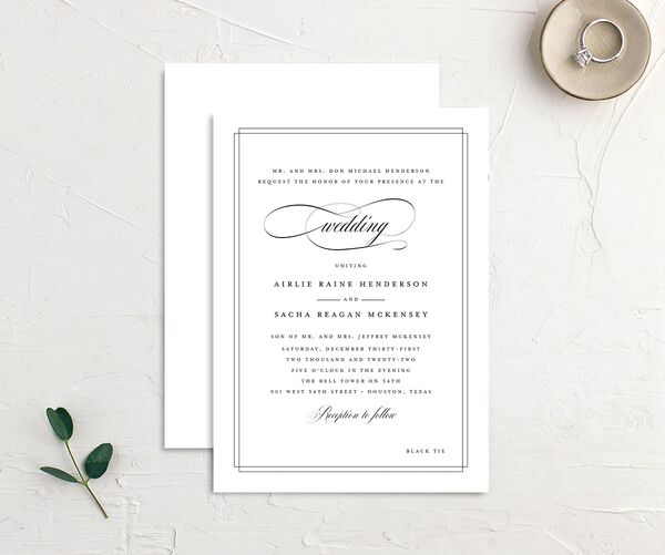 Sophisticated Script Wedding Invitations front-and-back in Pure White