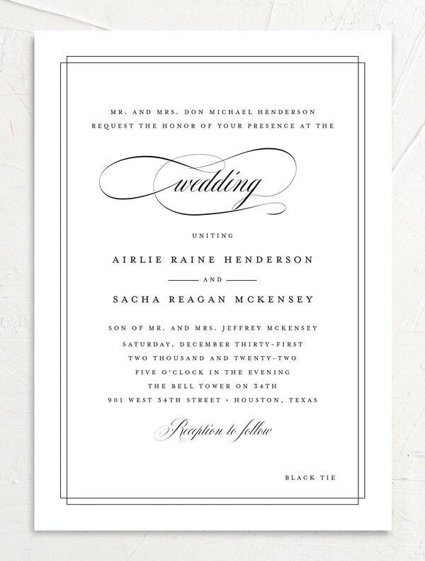 Sophisticated Script Wedding Invitations front in Pure White