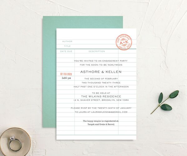 Book Lovers Library Engagement Party Invitations front-and-back in Turquoise