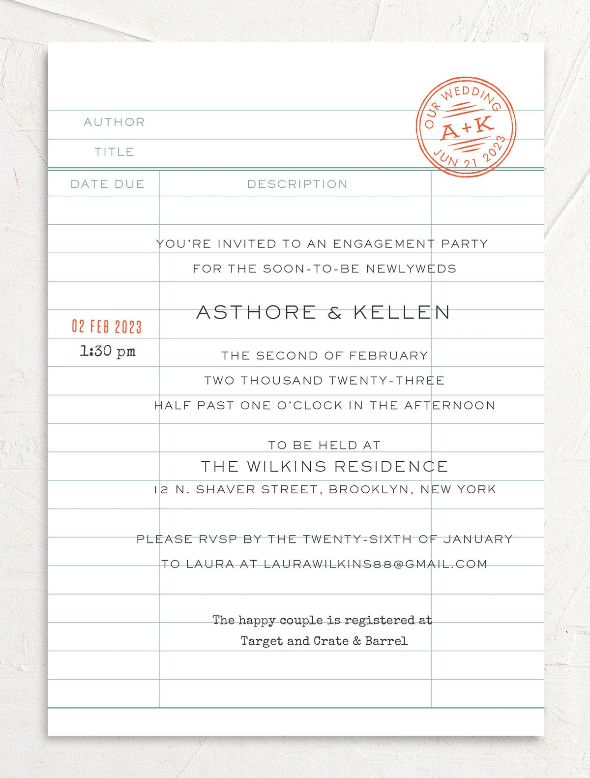 Book Lovers Library Engagement Party Invitations front in Turquoise