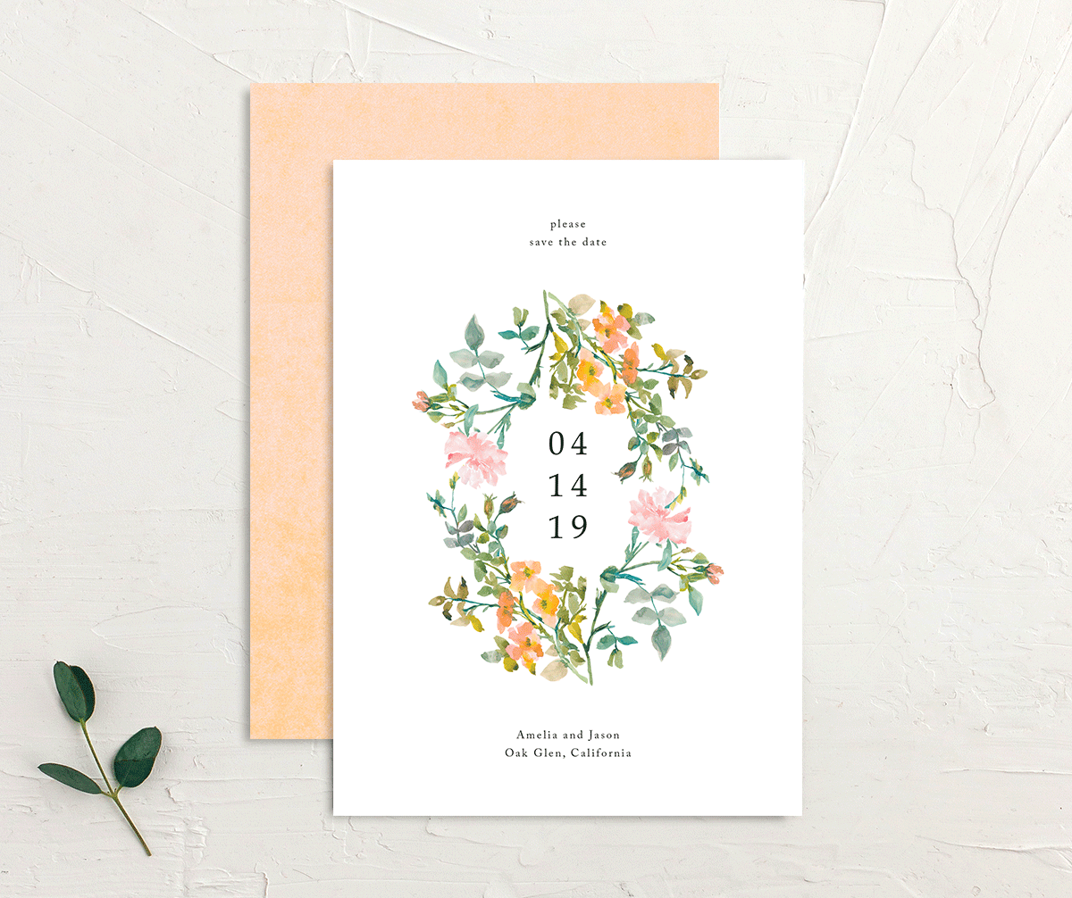 Simple Blossom Save the Date Cards front-and-back in Pumpkin