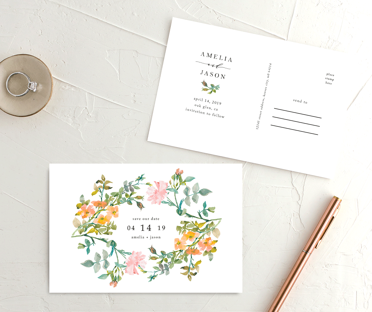 Simple Blossom Save the Date Postcards front-and-back in Pumpkin