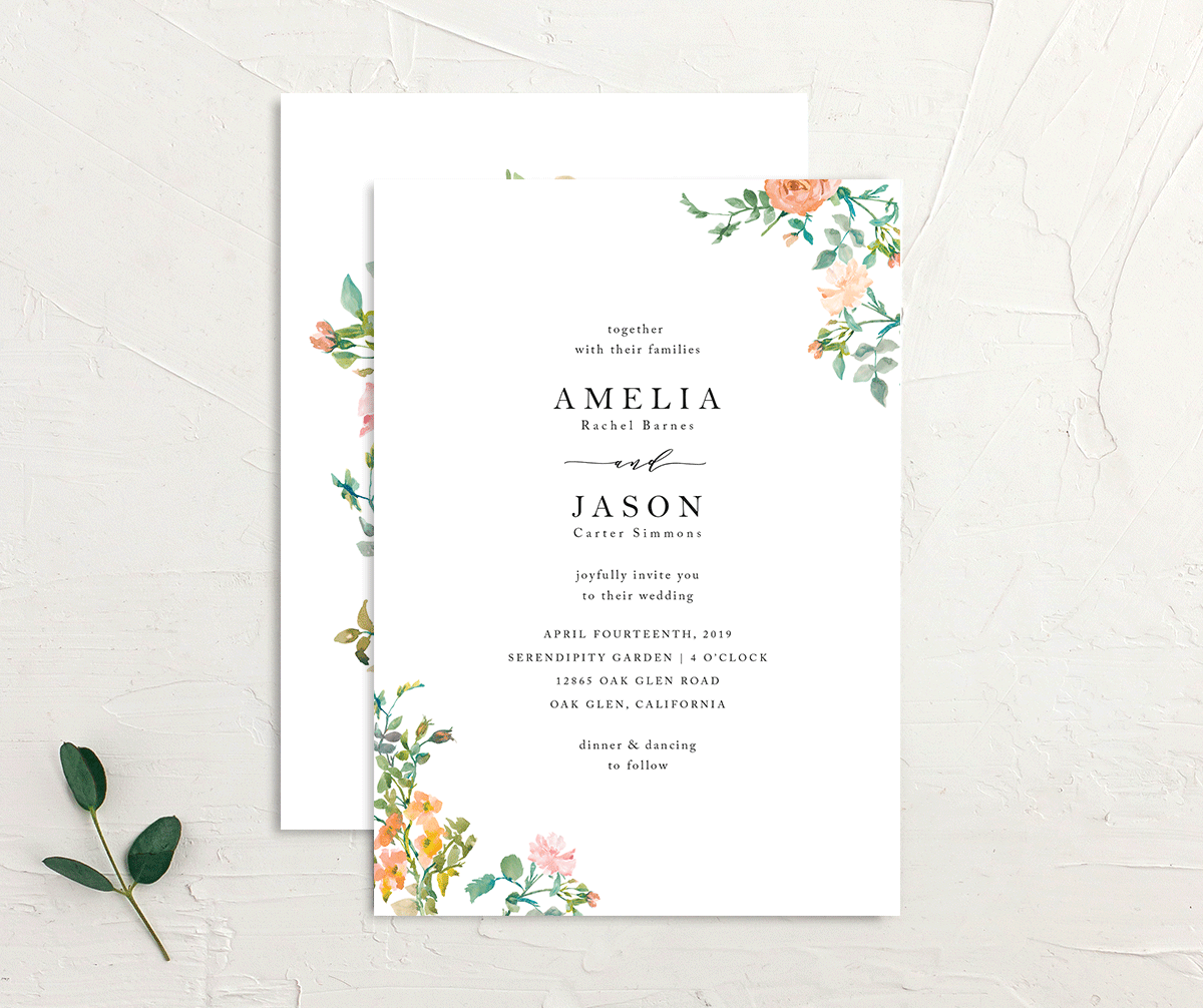 Simple Blossom Wedding Invitations front-and-back in Pumpkin