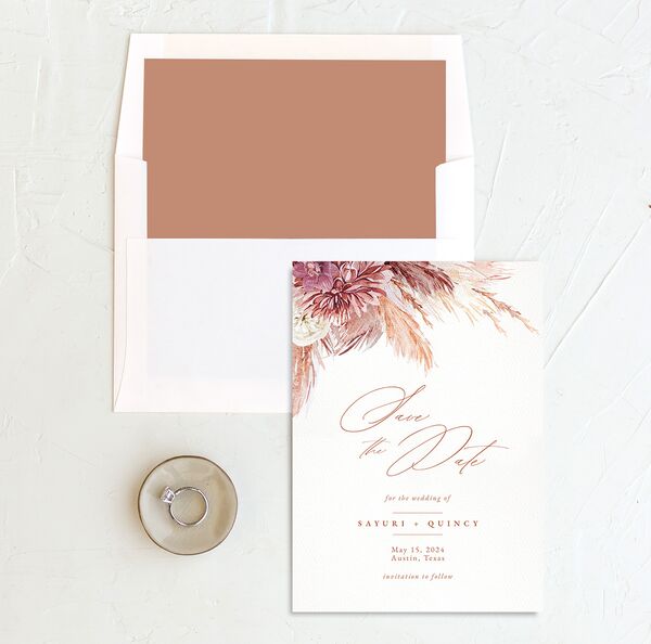Painted Pampas Save the Date Cards envelope-and-liner in Rose Pink