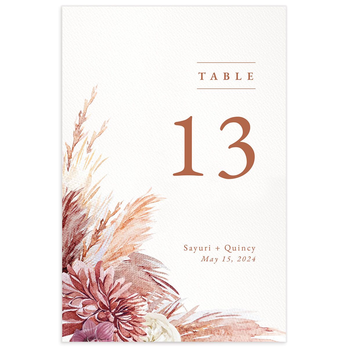 Painted Pampas Table Numbers front in Rose Pink