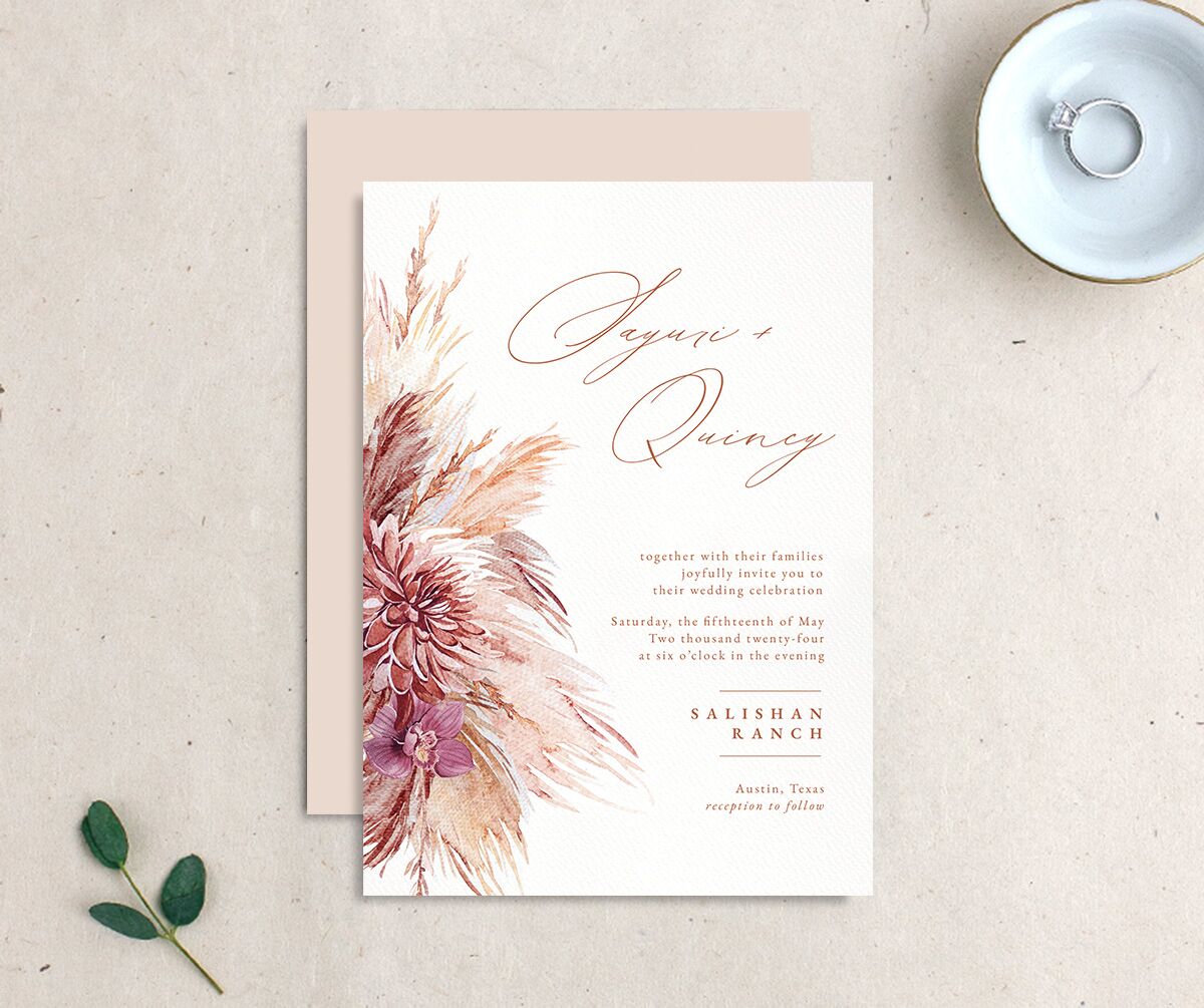 Painted Pampas Wedding Invitations front-and-back in Rose Pink