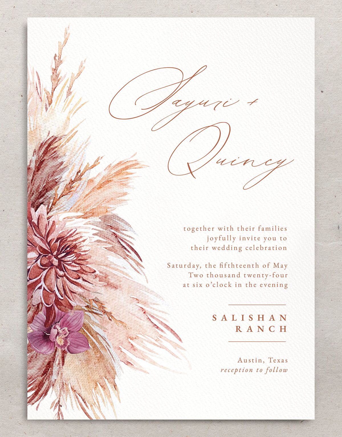 Painted Pampas Wedding Invitations front in Rose Pink