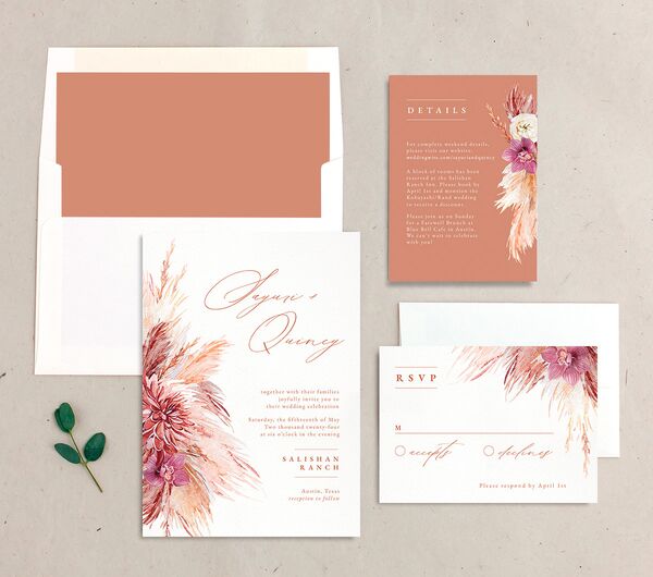 Painted Pampas Wedding Invitations suite in Rose Pink