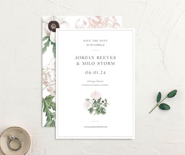 Classic Blossom Save the Date Cards front-and-back in Pure White