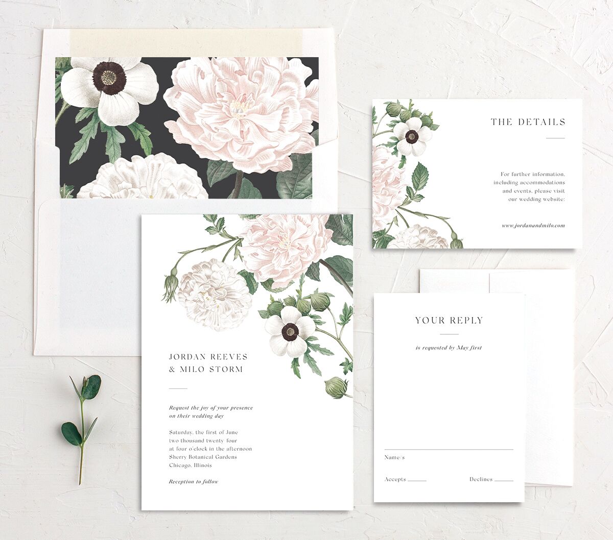 Classic Blossom Wedding Invitations suite in Pure White