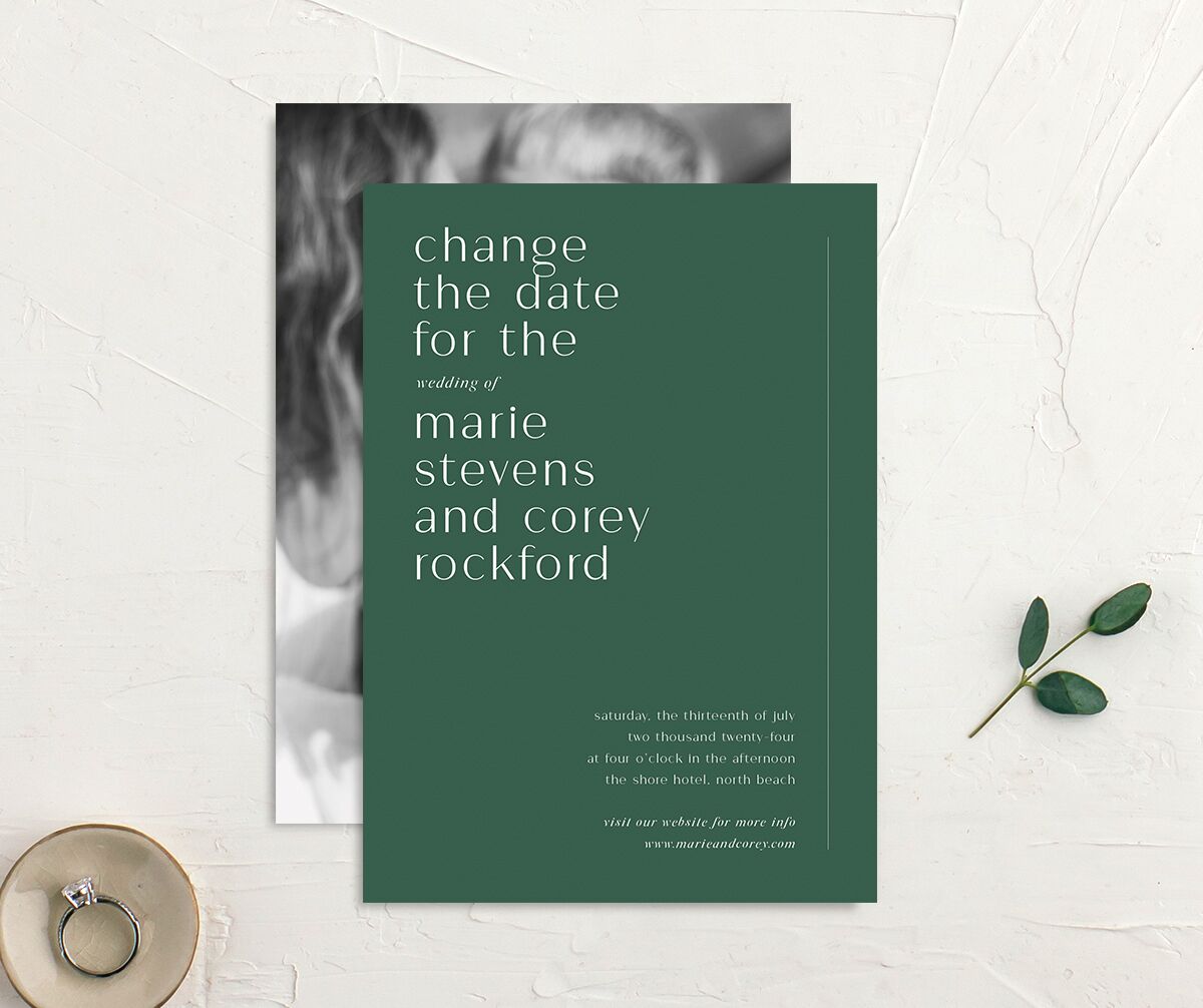 Modern Minimal Change the Date Cards front-and-back in Jewel Green