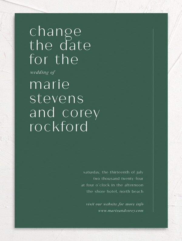 Modern Minimal Change the Date Cards front in Jewel Green