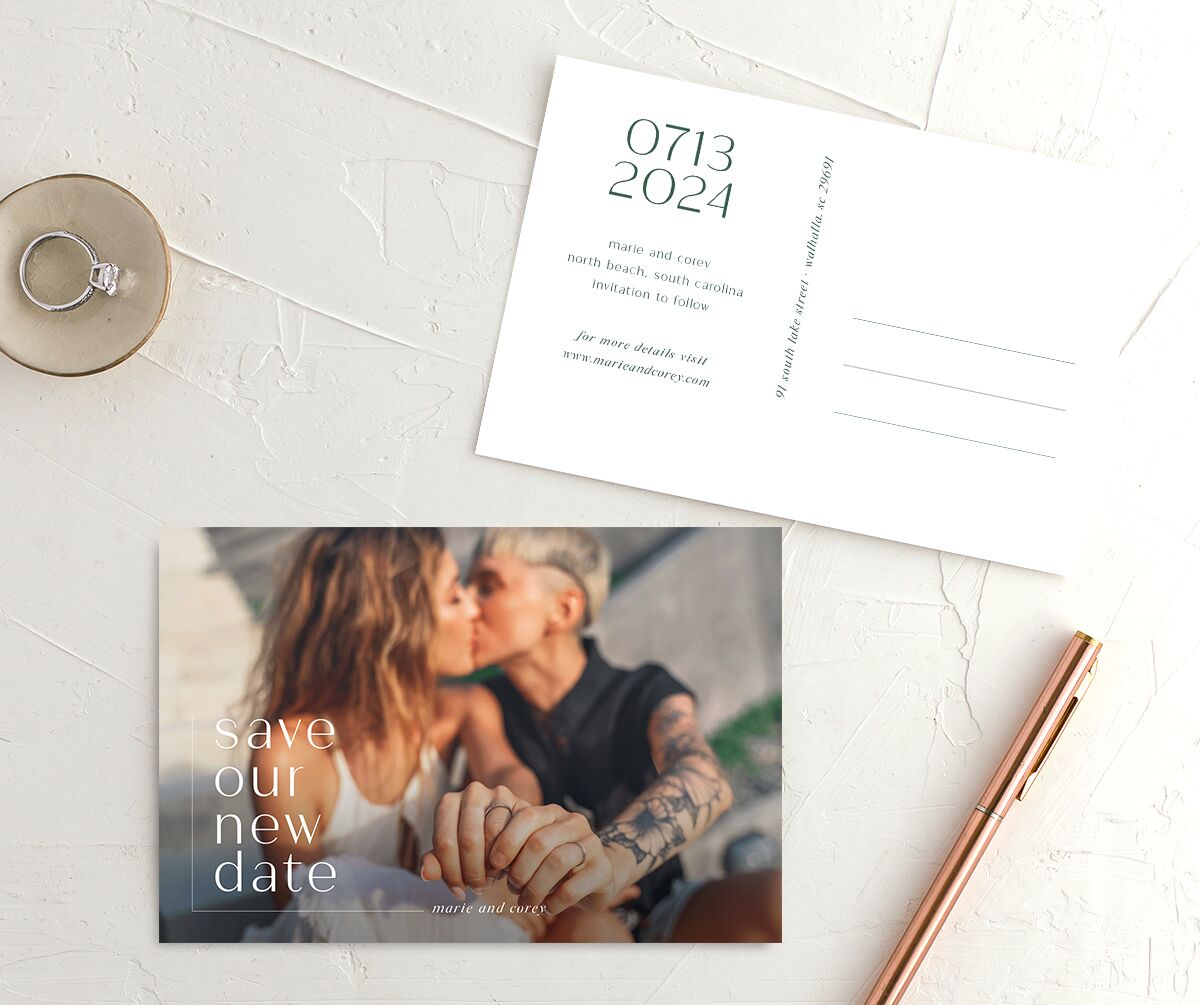 Modern Minimal Change the Date Postcards front-and-back in Jewel Green