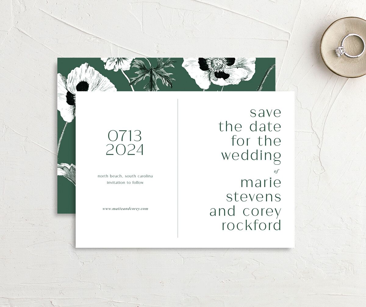 Modern Minimal Save the Date Cards front-and-back in Jewel Green