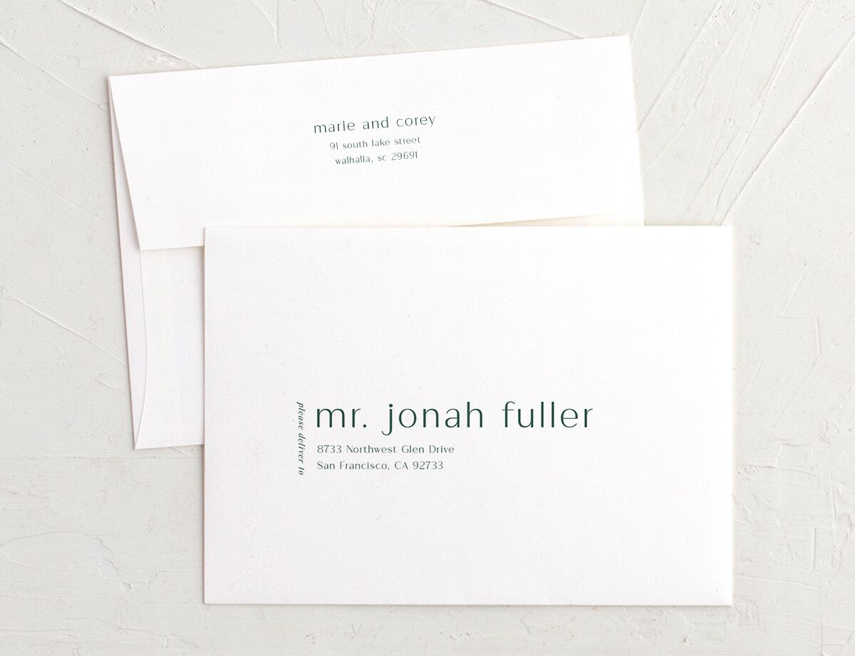 Modern Minimal Save The Date Card Envelopes front in Jewel Green