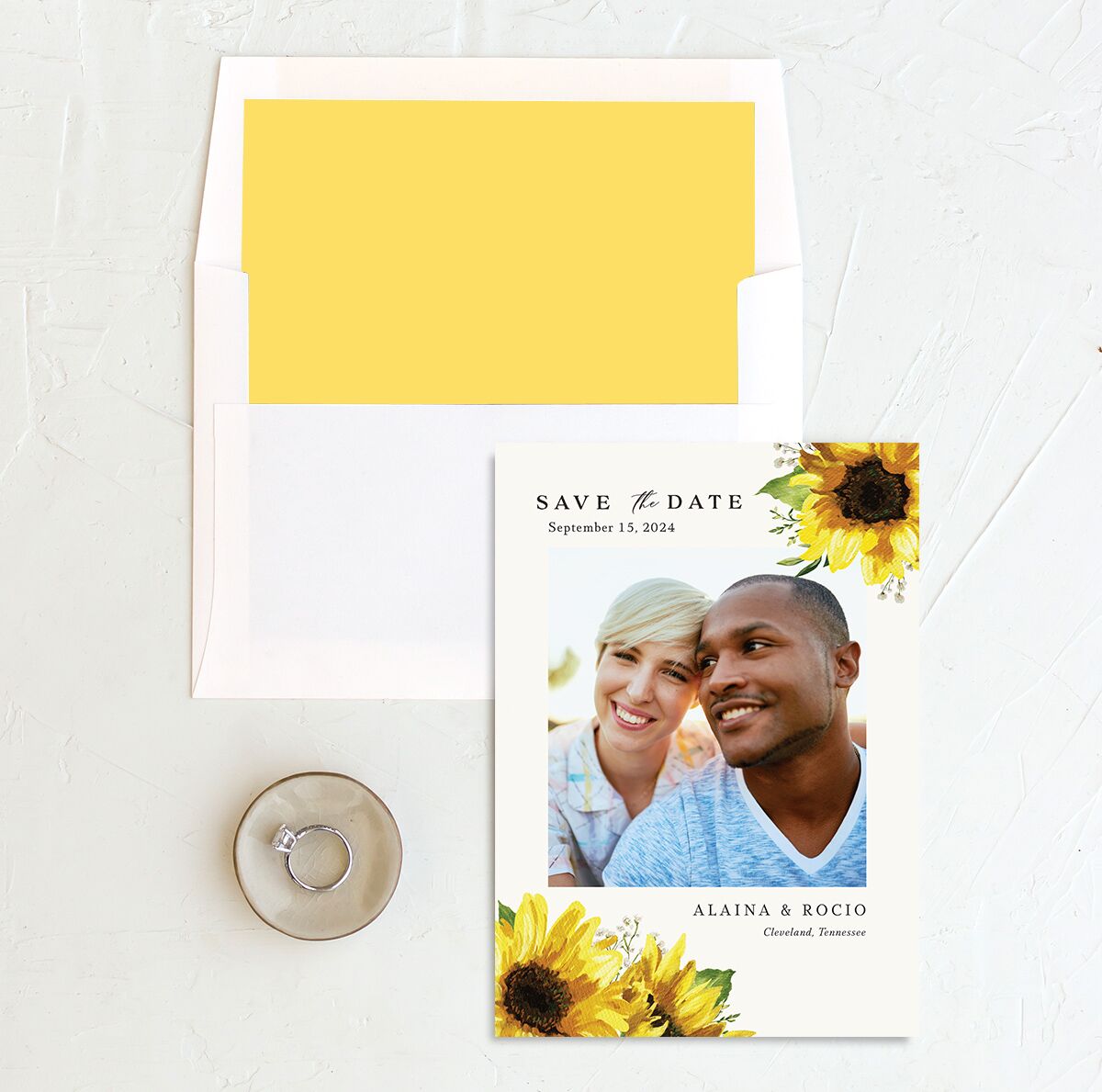 Sunflower Romance Save The Date Cards envelope-and-liner in Lemon