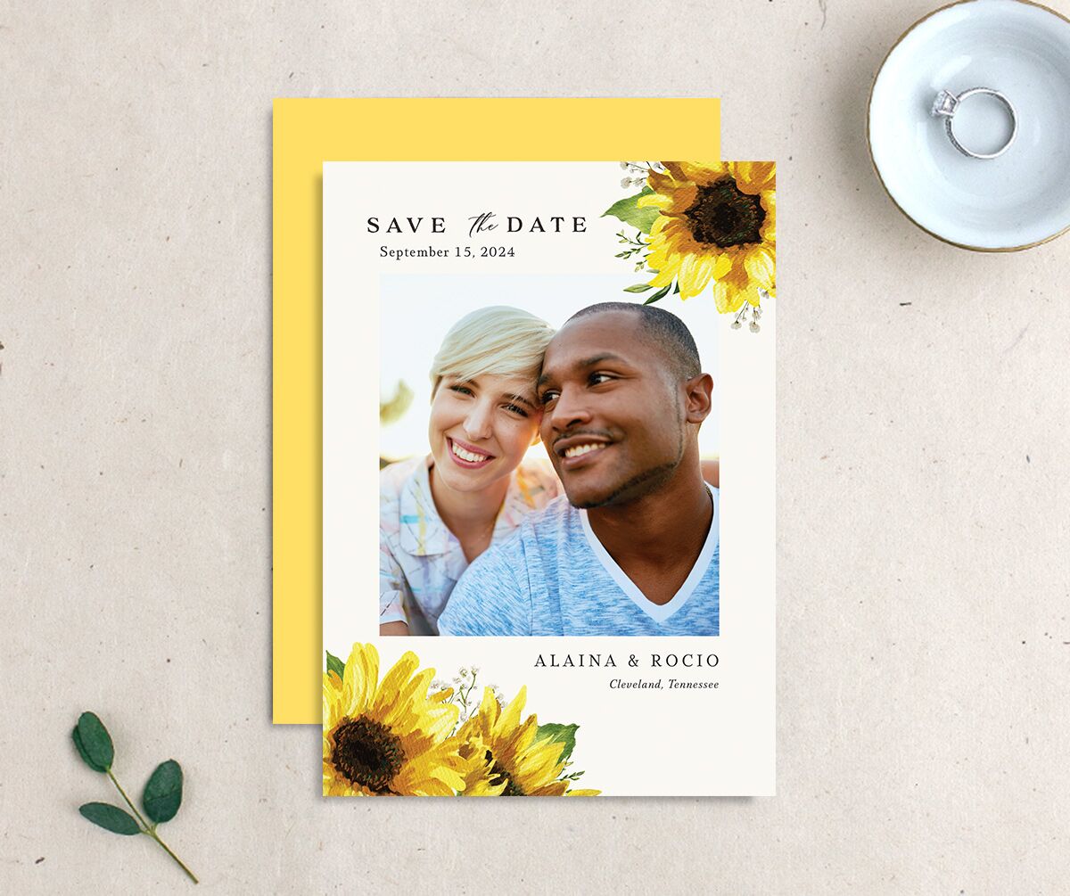 Sunflower Romance Save The Date Cards front-and-back in Lemon