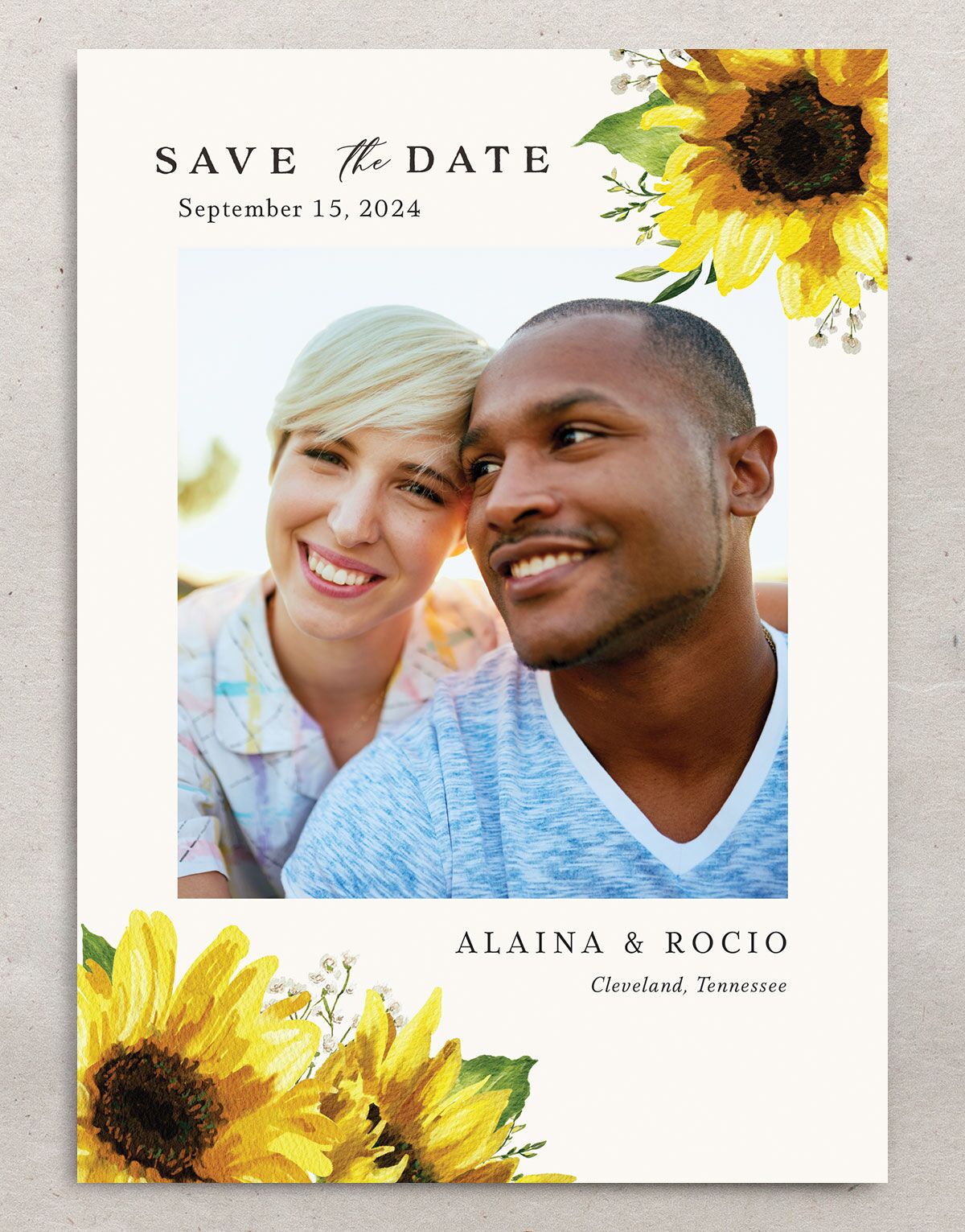 Sunflower Romance Save The Date Cards front in Lemon