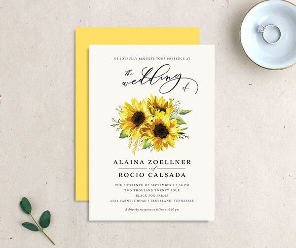 Sunflower Romance Wedding Invitations front-and-back in Lemon