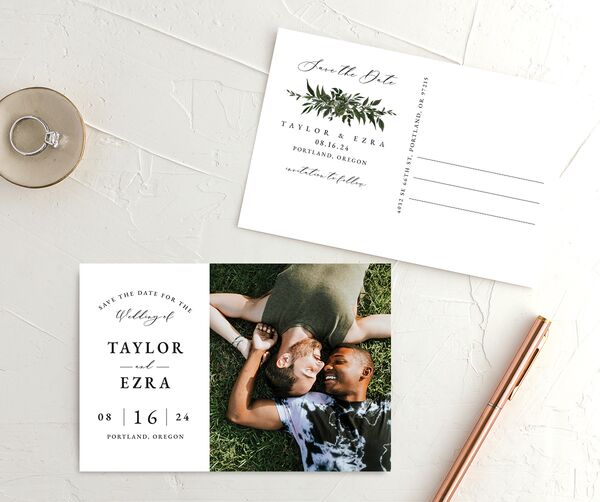 Classic Bold Save the Date Postcards front-and-back in Jewel Green