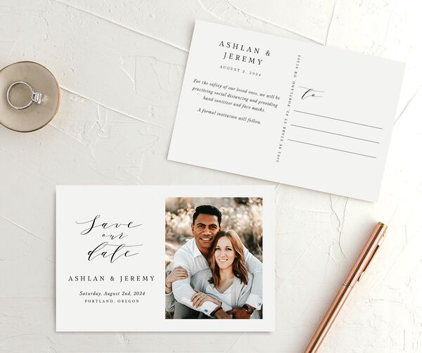 Classic Understated Save the Date Postcards front-and-back in Champagne