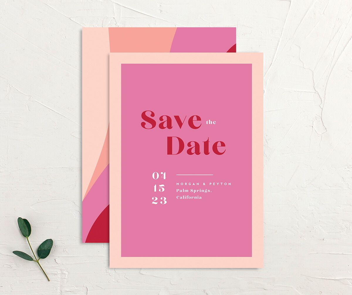 Vintage Pattern Save the Date Cards front-and-back in Rose Pink