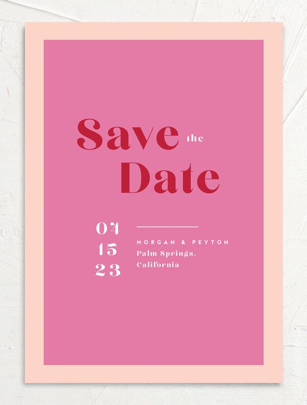 Vintage Pattern Save the Date Cards front in Rose Pink