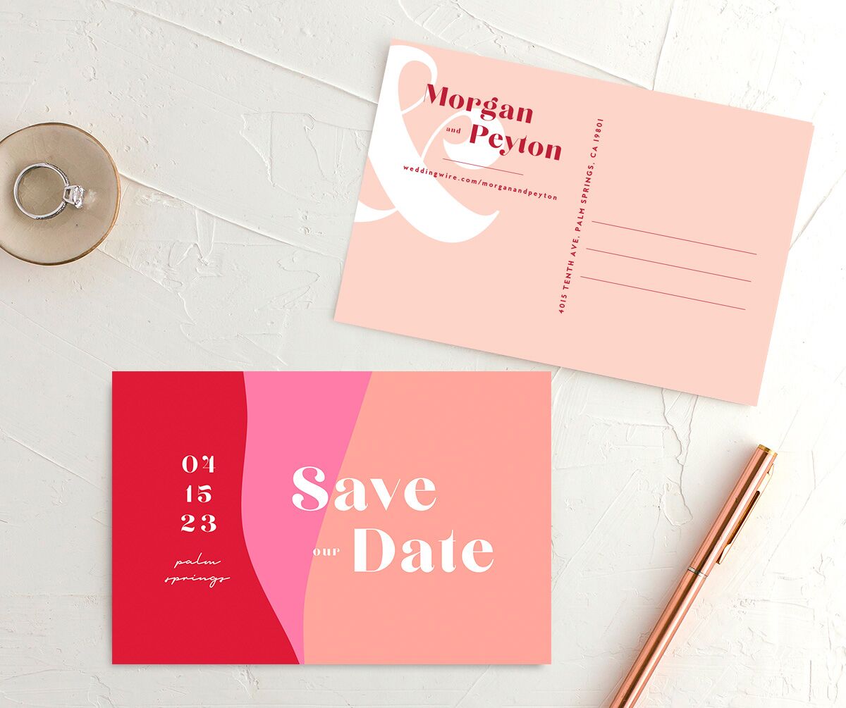 Vintage Pattern Save the Date Postcards front-and-back in Rose Pink