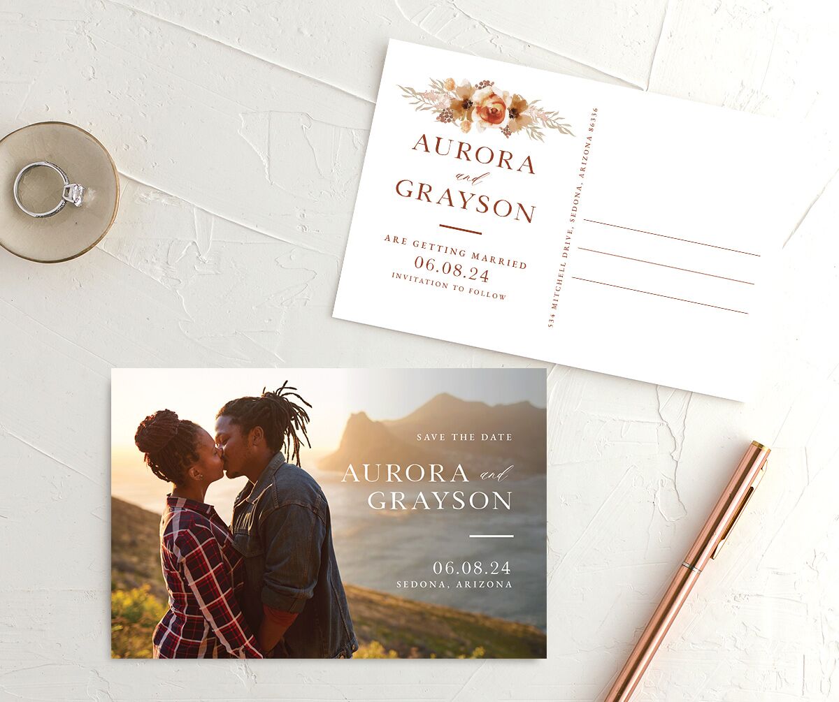 Bohemian Blossoms Save the Date Postcards front-and-back in Pumpkin