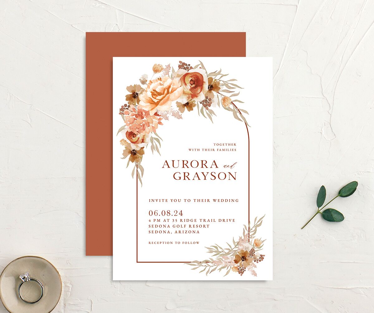 Bohemian Blossoms Wedding Invitations front-and-back in Pumpkin
