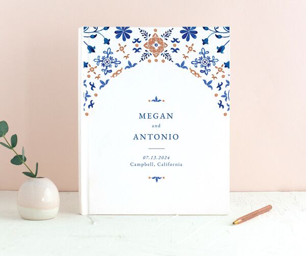 Spanish Mosaic Wedding Guest Book front in French Blue