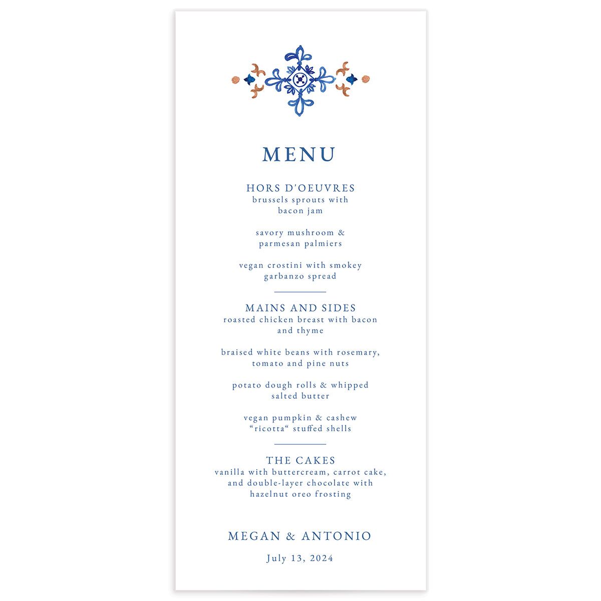 Spanish Mosaic Menus front in French Blue