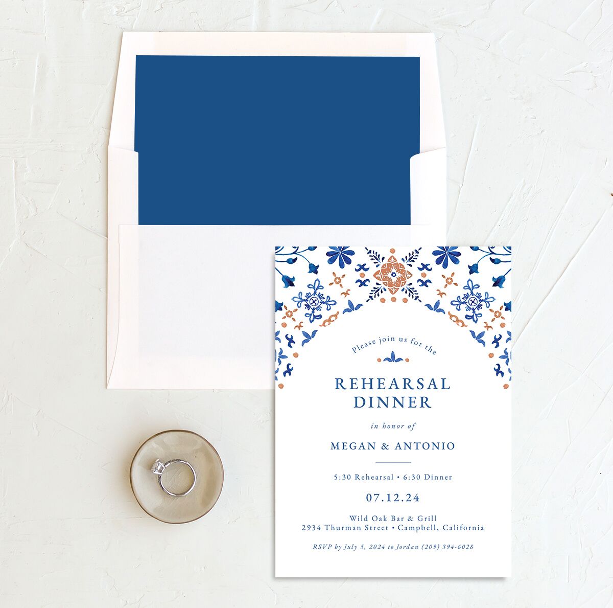 Spanish Mosaic Rehearsal Dinner Invitations envelope-and-liner in French Blue