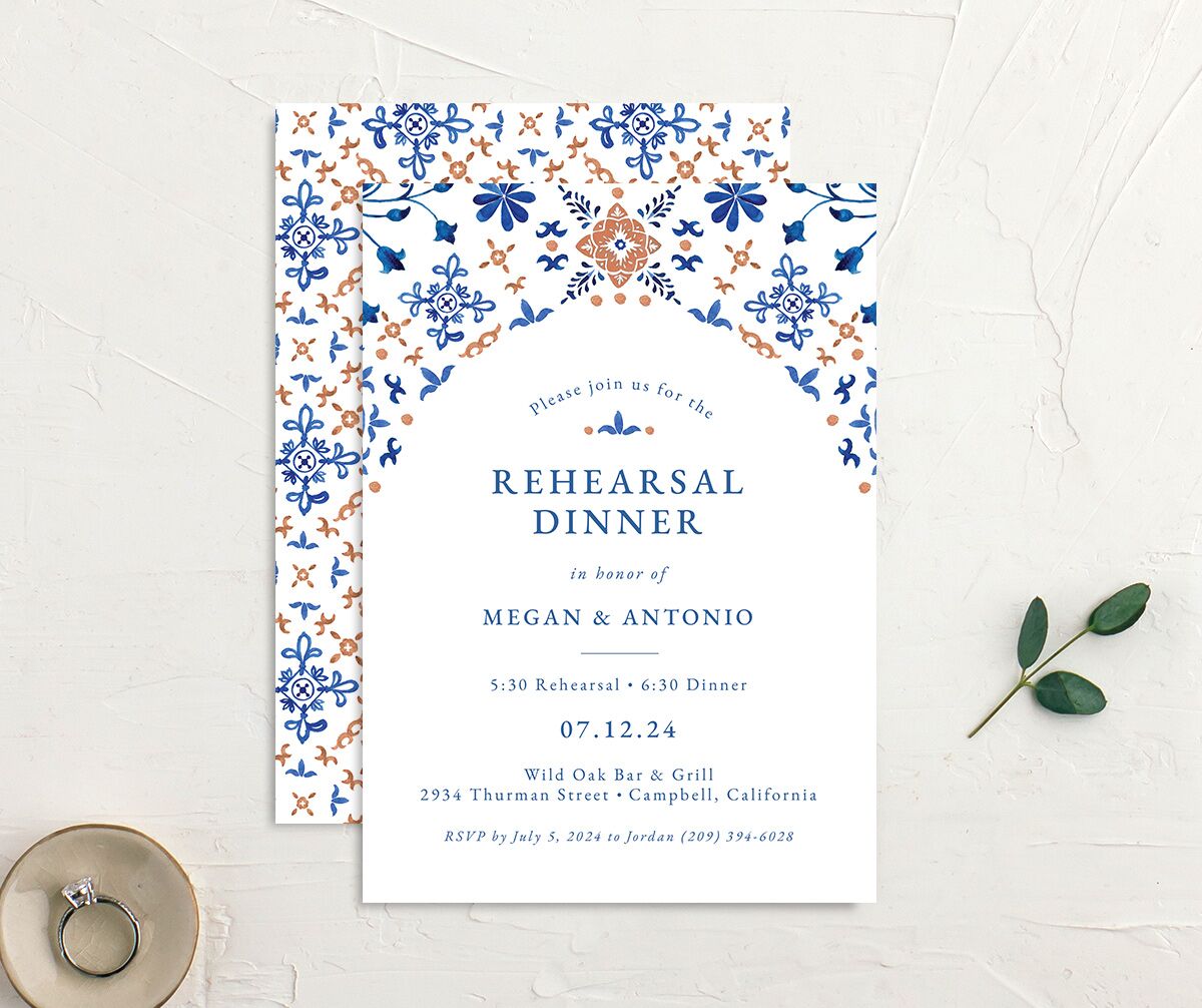 Spanish Mosaic Rehearsal Dinner Invitations front-and-back in Blue