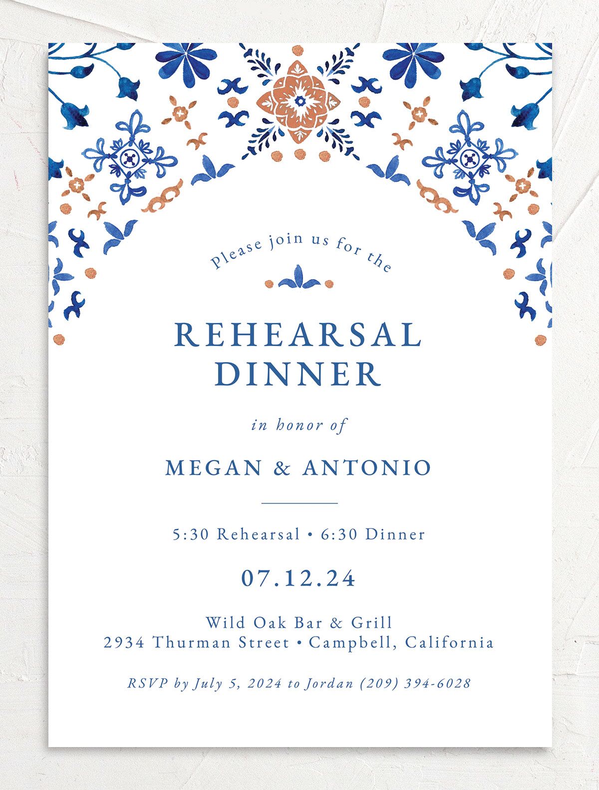 Spanish Mosaic Rehearsal Dinner Invitations front in French Blue