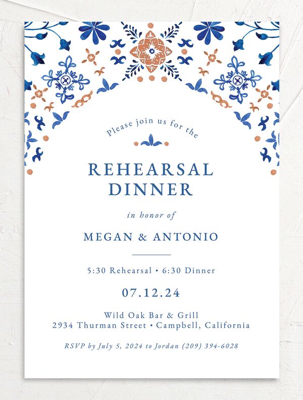 Spanish Mosaic Rehearsal Dinner Invitations front in Blue