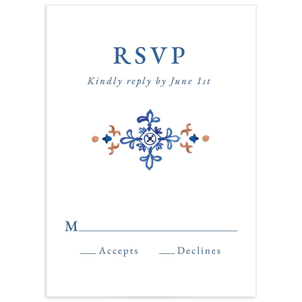 Spanish Mosaic Wedding Response Cards front in French Blue