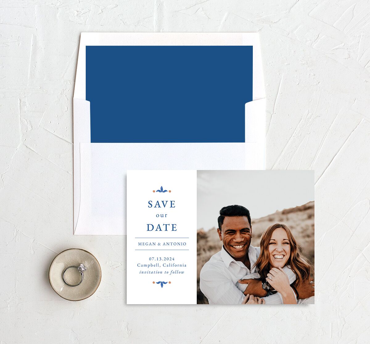 Spanish Mosaic Save the Date Cards envelope-and-liner in French Blue
