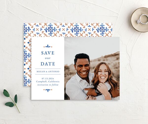 Spanish Mosaic Save the Date Cards front-and-back in French Blue